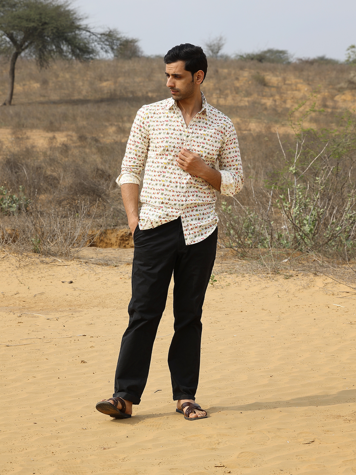 Full Sleeve Hand Block Camel Printed Mens Cotton Shirt (Off White)